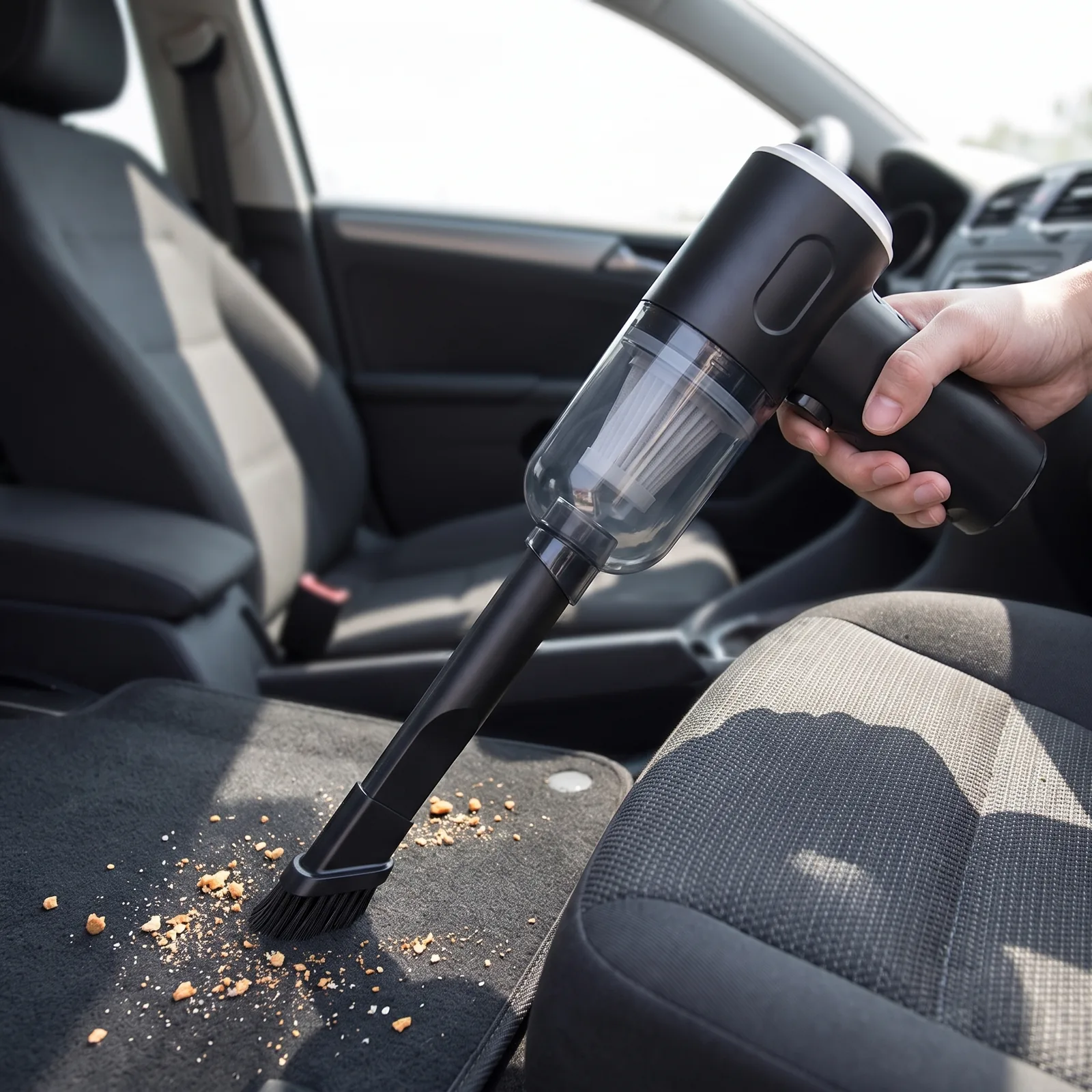 Cleaning crumbs from a car seat and floor mat
