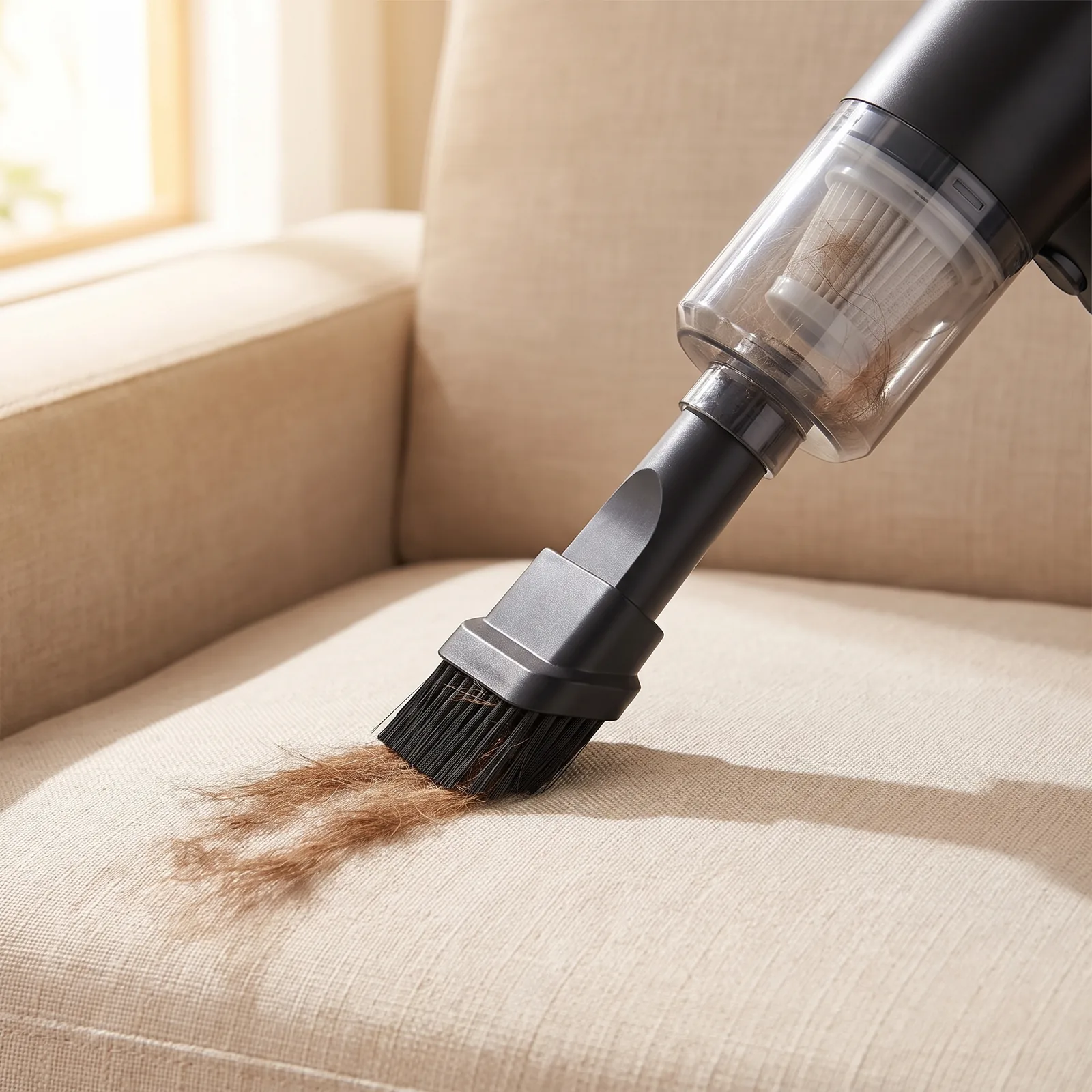 Picking up pet hair from a sofa